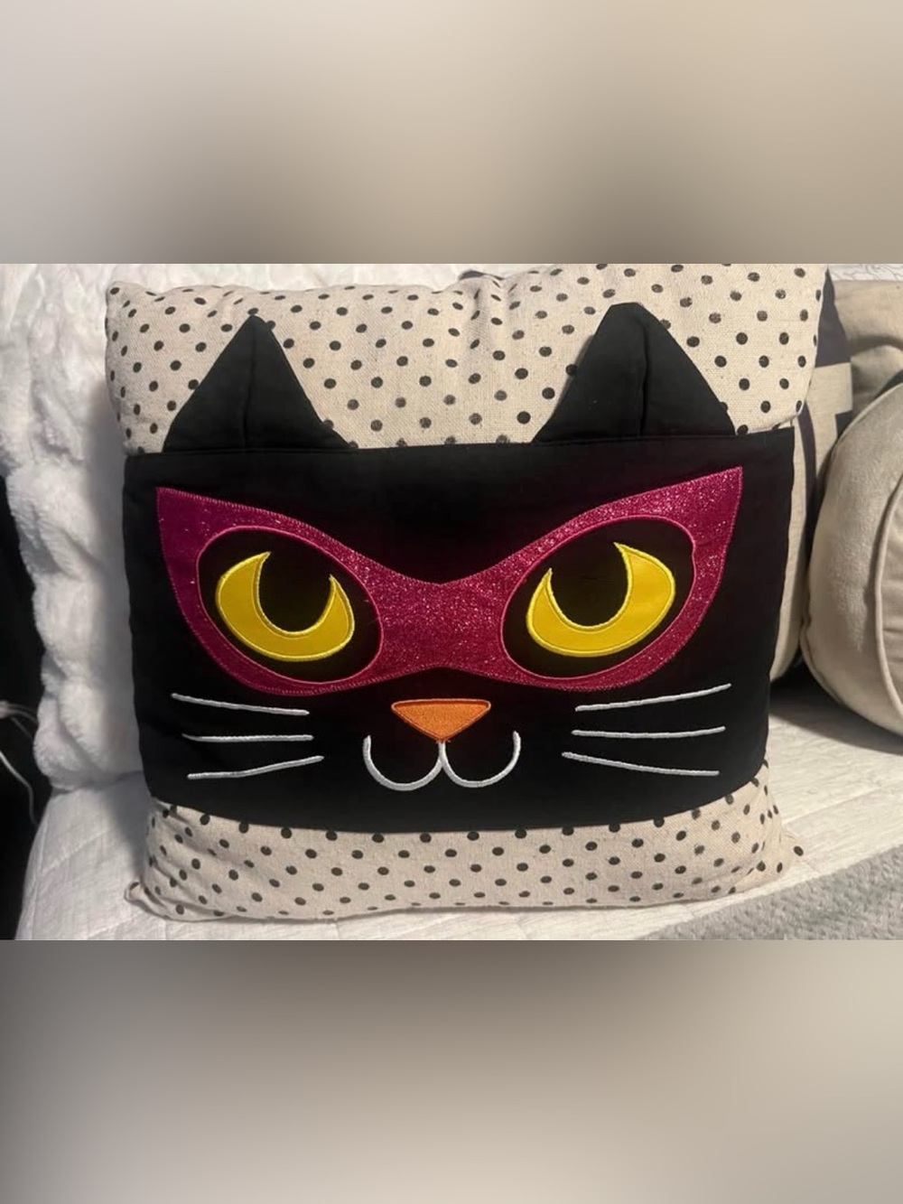 Black Cat Face Decorative Pillow with Pink Mask and Yellow Eyes